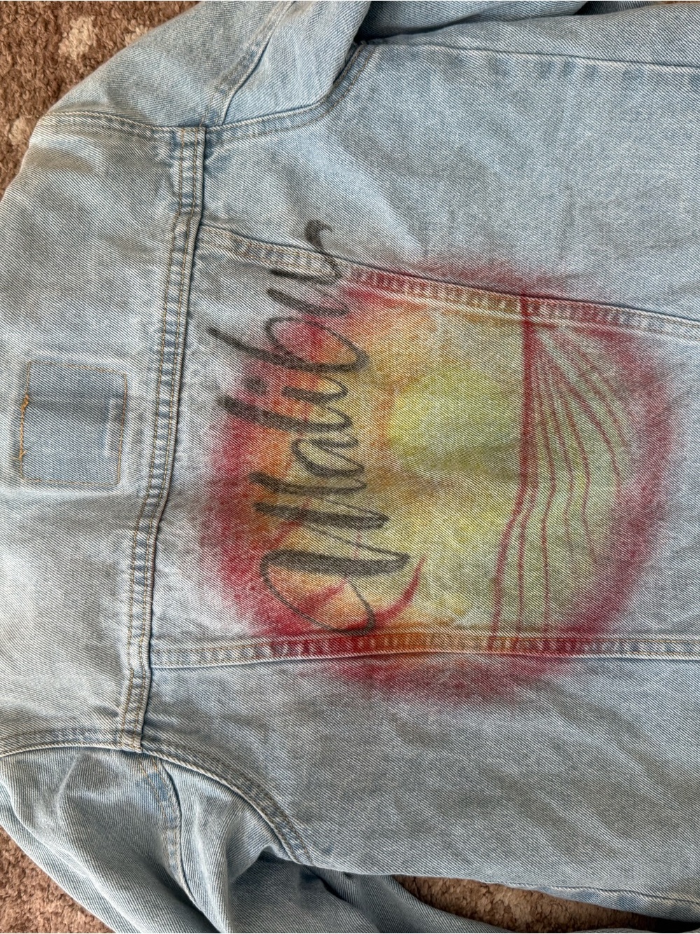 Levi's Light Blue Denim Jacket with Malibu Red and Yellow Sunset Graphic